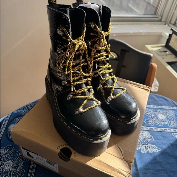 Dr Marten Black Platform Boots with Yellow Laces - Picture 1 of 8